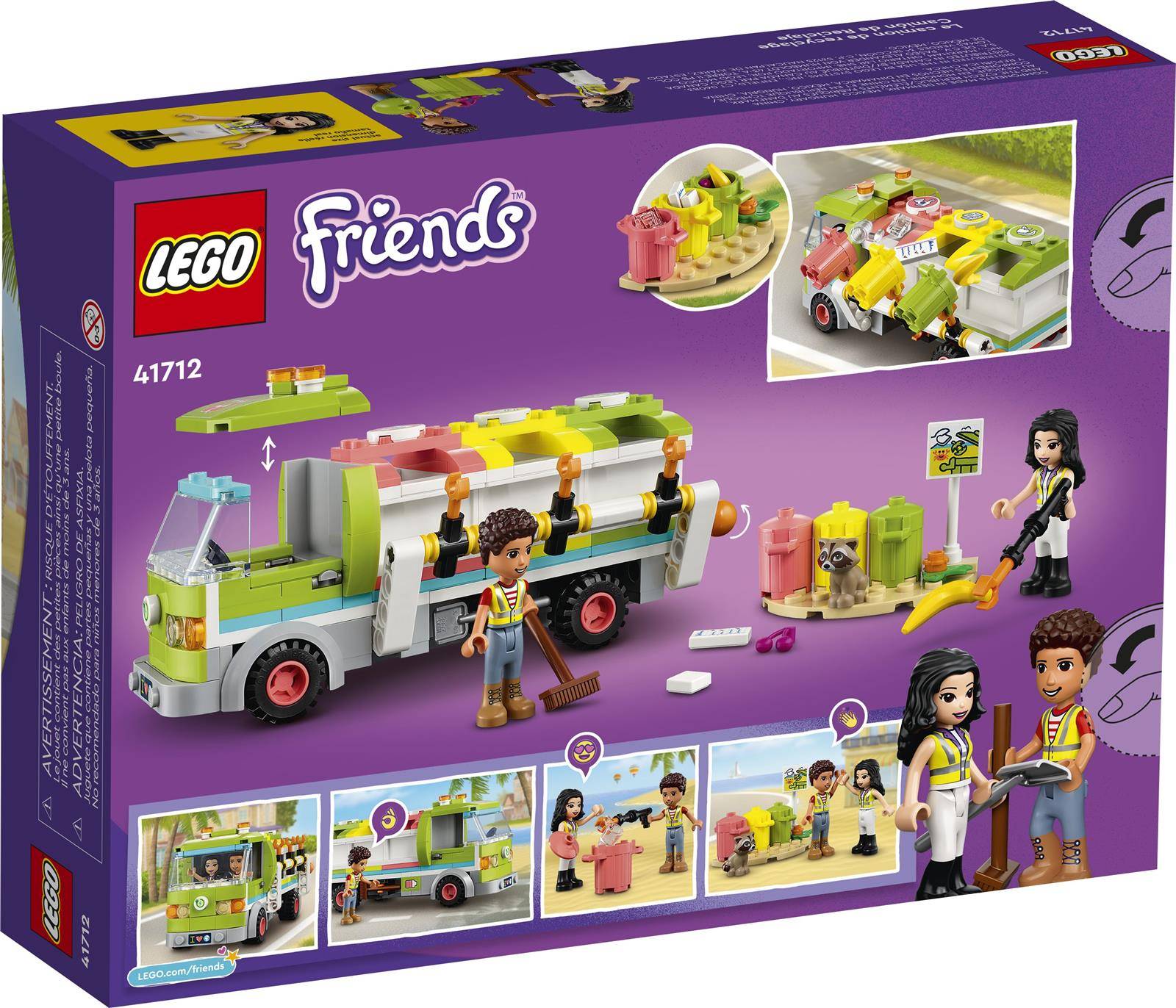 LEGO Friends Straßenreinigungsset-Box mit Charakteren, die mit Behältern, Besen und einem Recycling-Lastwagen in farbenfroher Verpackung reinigen.