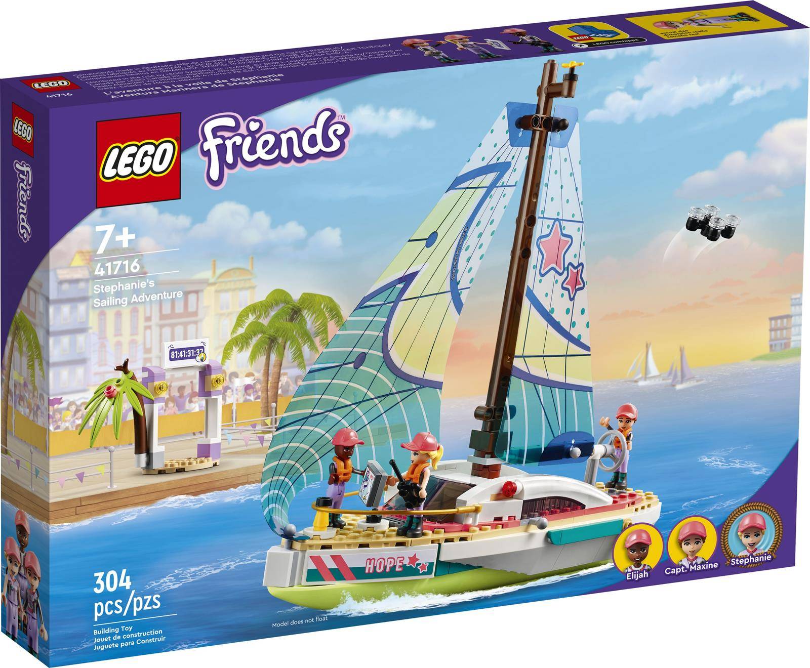 LEGO Friends Stephanie's Segelabenteuer Set, Boot mit bunten Segeln, enthält Figuren von Elijah, Kapitänin Maxine und Stephanie.