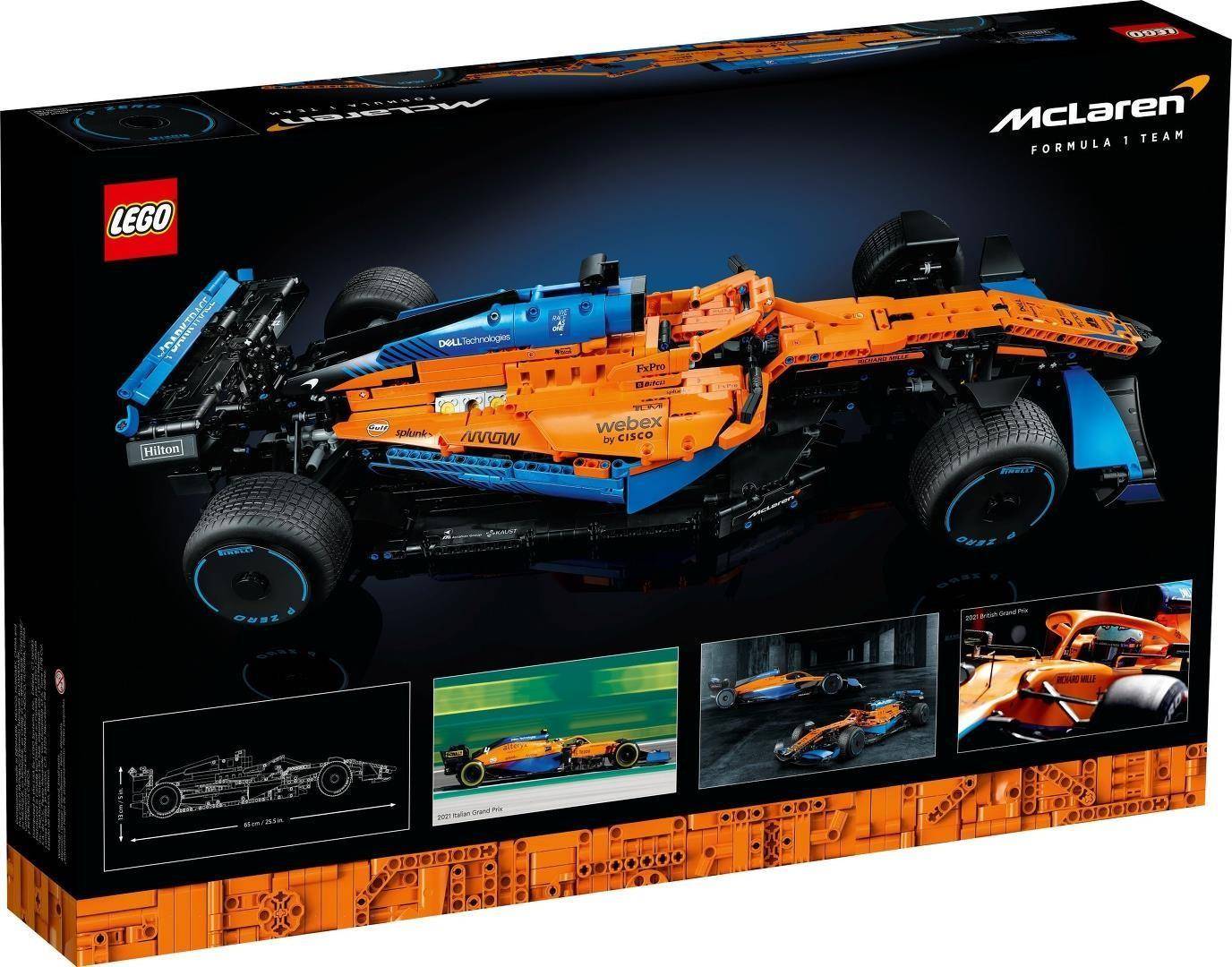 LEGO McLaren Formel-1-Team-Modellbausatz-Box mit einem orange-blauen Rennwagen, LEGO- und McLaren-Branding sowie kleinen Produktbildern auf der Verpackung.