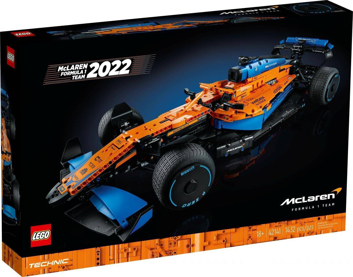 LEGO Technic McLaren Formel-1-Team 2022 Auto-Set-Box mit einem orange-blauen Rennwagen-Modell auf schwarzem Hintergrund.