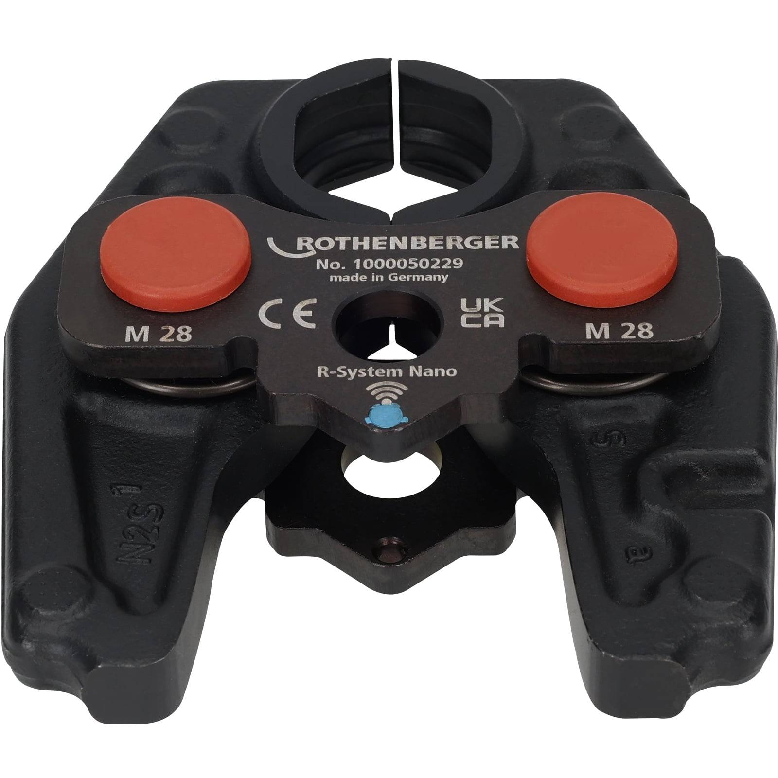 Presszange 'Rothenberger' für die Verbindung von M28 Rohranschlüssen, mit CE- und UK-Kennzeichnung, hergestellt in Deutschland.