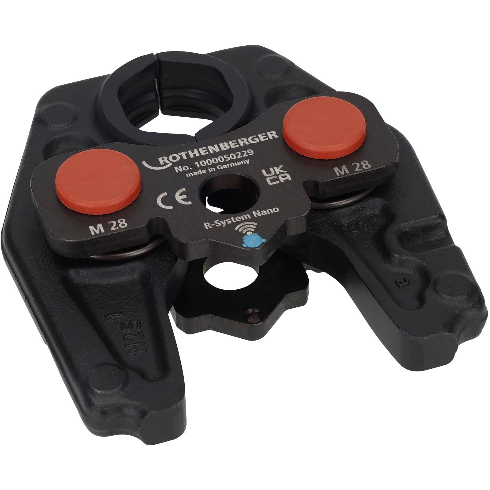 Rothenberger R-System Nano M28 Presswerkzeug für Sanitärinstallationen, dargestellt mit roten und schwarzen Komponenten, gekennzeichnet mit Produktdetails.