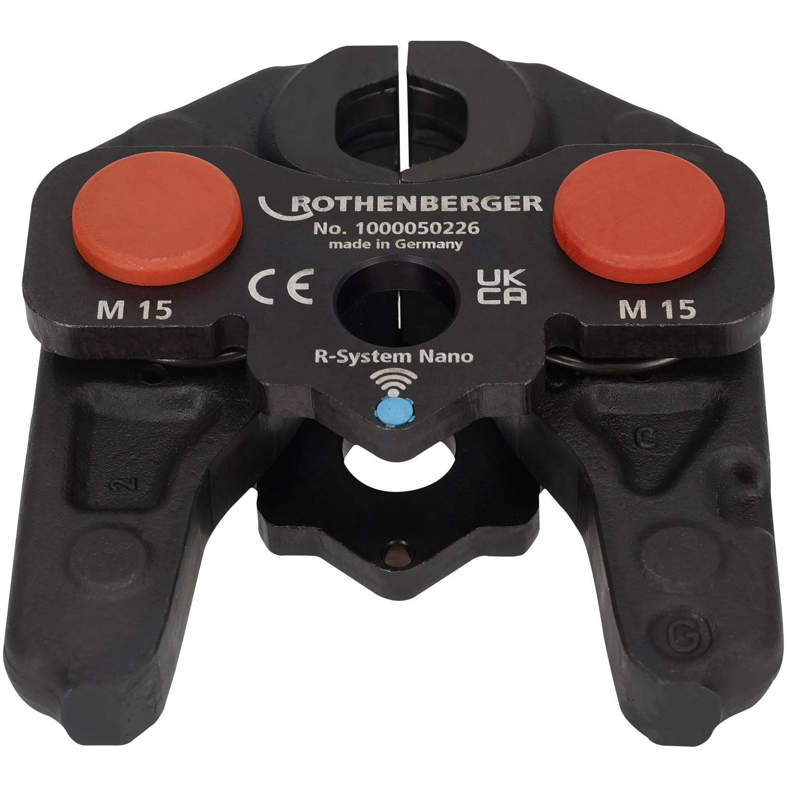 Ein 'ROTHENBERGER R-System Nano' Werkzeug mit den Markierungen 'M15' und 'CE' für Rohranschlüsse, gekennzeichnet durch ein kompaktes und robustes Design.