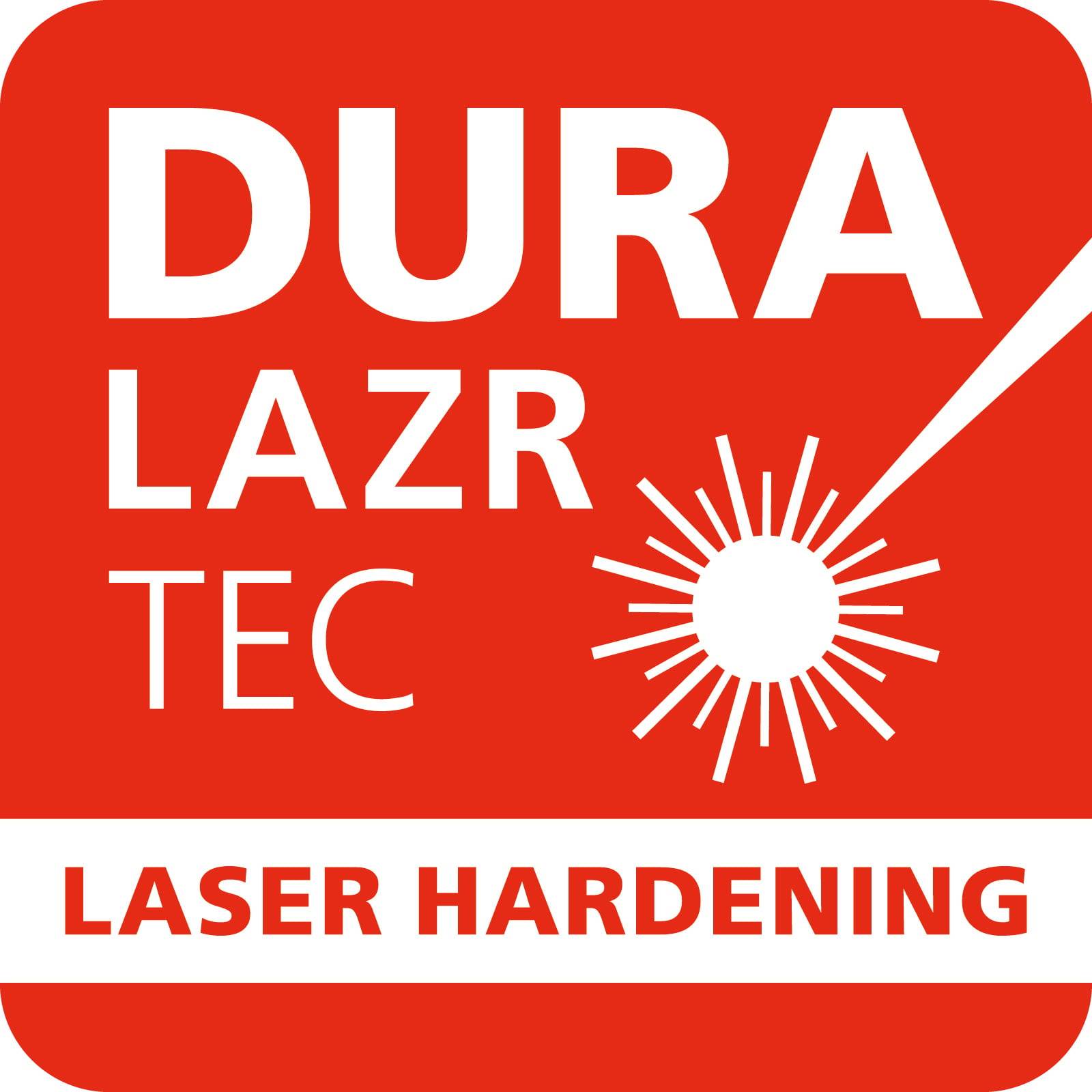Logo für 'DURA LAZR TEC' mit einem stilisierten Laserstrahl und dem Text 'LASER HARDENING' auf rotem Hintergrund.