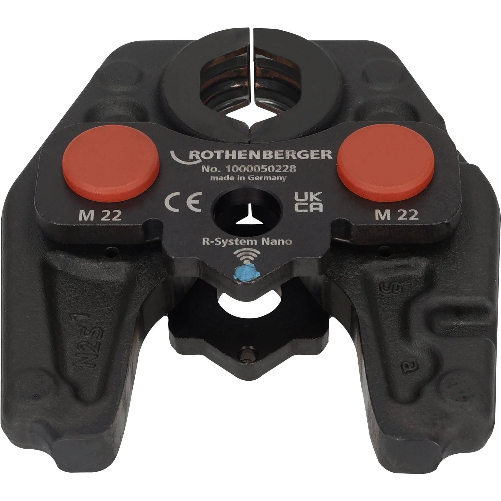 Ein schwarzer Rothenberger-Werkzeug mit zwei großen roten Kreisknöpfen, beschriftet mit 'M 22', 'R-System Nano', mit Zertifizierungen und einem einzigartigen Design.