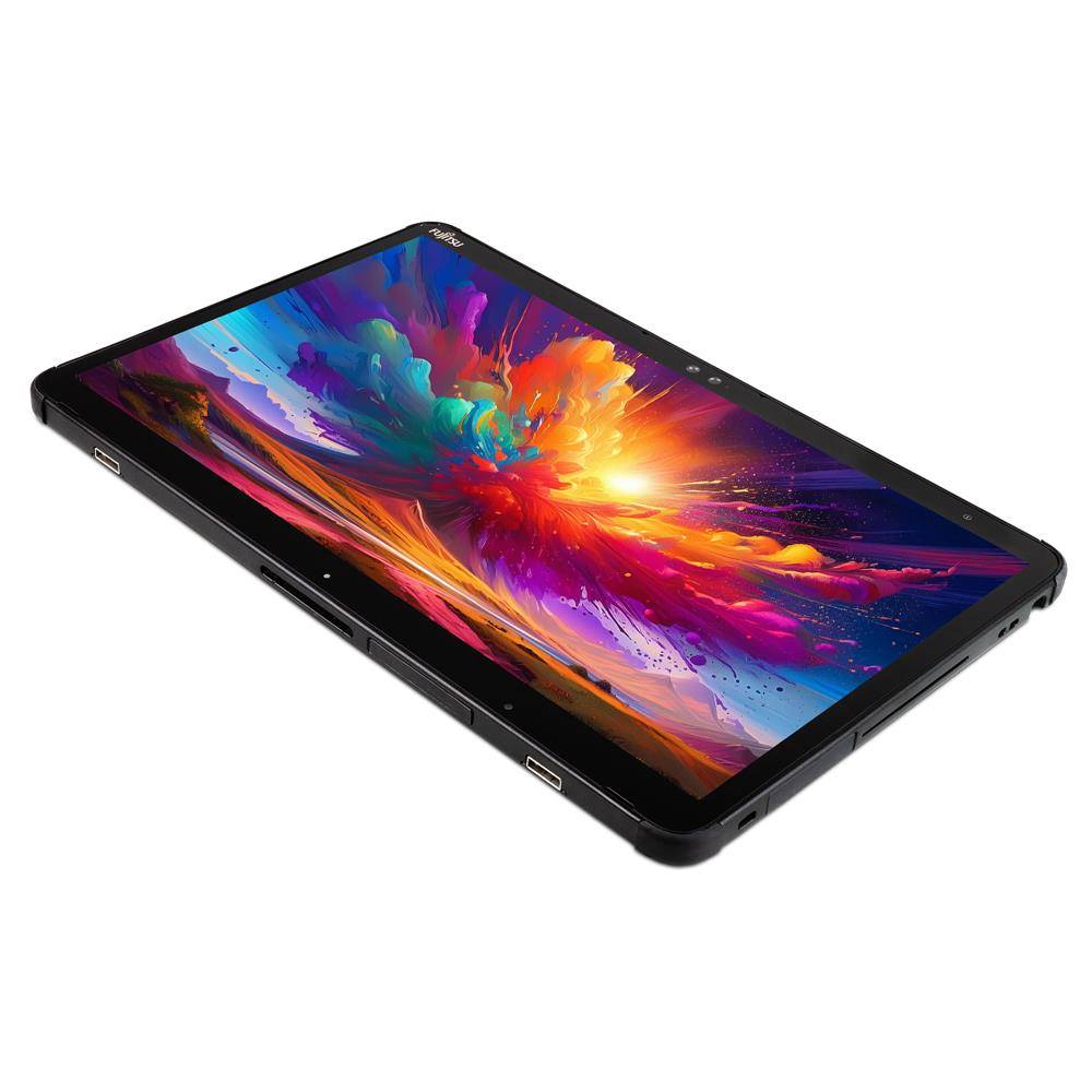 Ein Tablet mit einer lebendigen, farbenfrohen Explosionsgrafik auf dem Bildschirm, ausgestattet mit einem robusten schwarzen Rahmen.