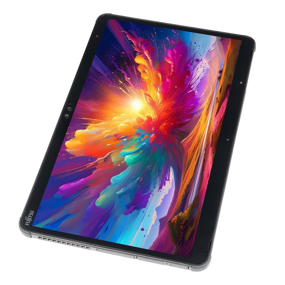 Ein Tablet, das eine lebendige, abstrakte Explosion von Farben zeigt und Kreativität sowie digitale Kunstfähigkeiten andeutet.