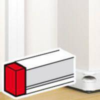 Wandecken-Verkleidung mit einem roten Eckstück neben einer weißen Ecke, die eine Innenausbau-Option veranschaulicht.