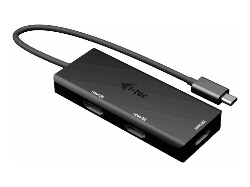 Ein schwarzer i-tec HDMI-Splitter mit zwei HDMI-Eingängen und einem Ausgang, durch ein Kabel verbunden, zum Verteilen von Videosignalen.