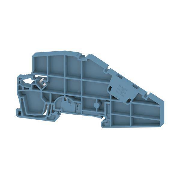 Ein hellblauer Kunststoff-Terminalblock mit rasterartigen Fächern, der für das Sichern elektrischer Verbindungen in einer industriellen Umgebung konzipiert ist.