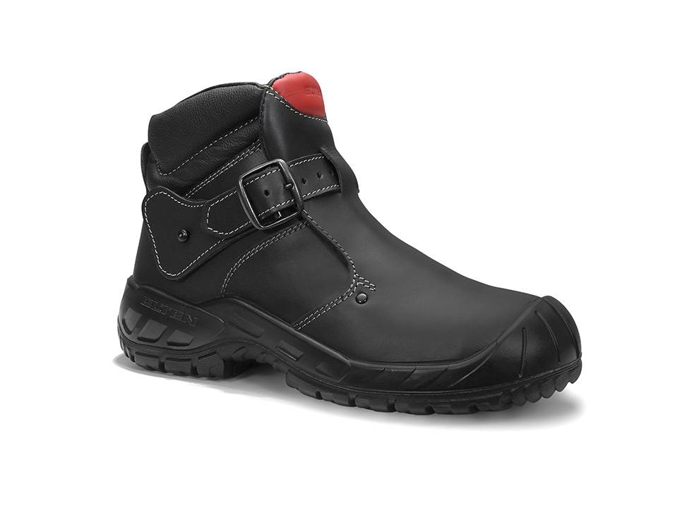 Schwarzer, robuster Arbeitsschuh mit Schnallenriemen und roter Fütterung, ausgestattet mit verstärkter Zehenpartie und strukturierter Sohle, die auf Langlebigkeit und Sicherheit ausgelegt ist.