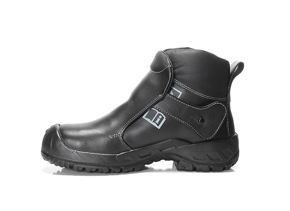 Schwarzer Leder-Arbeitsschuh mit rutschfester Sohle, knöchelhoher Schnitt und mit Klettverschlüssen gesichert. Ideal für Sicherheit und Komfort in Arbeitsumgebungen.