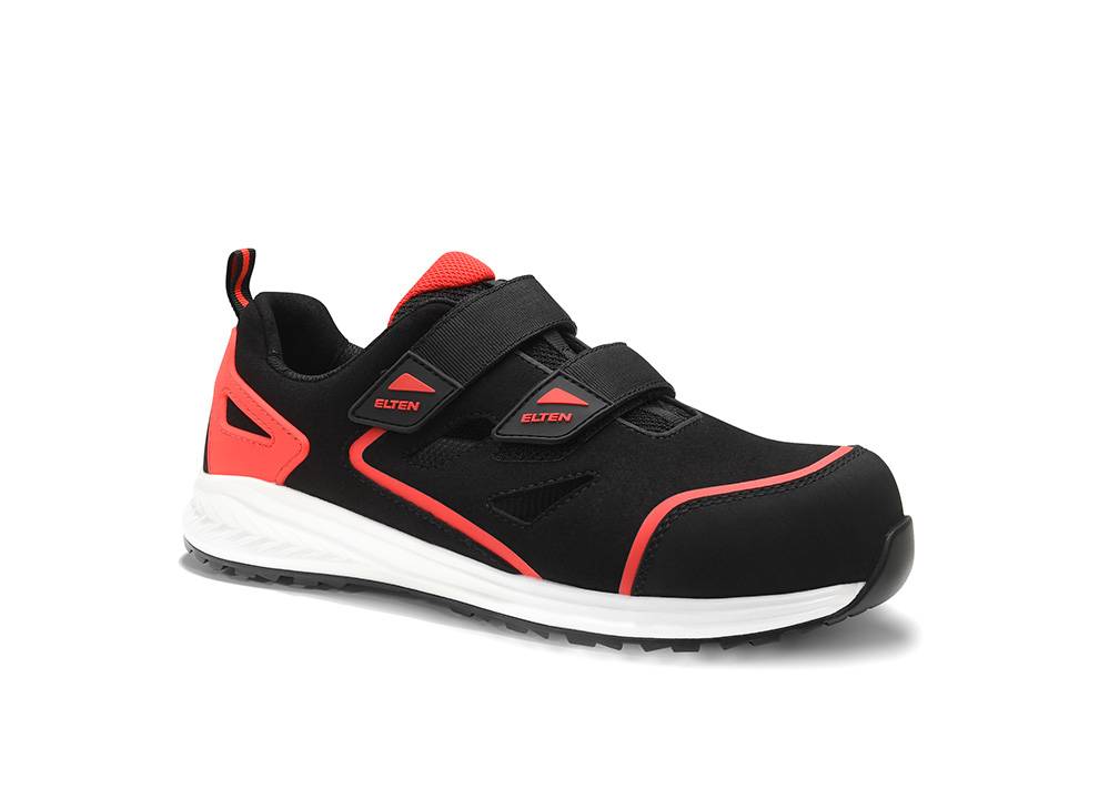 Ein schwarzer und roter Sportschuh mit Klettverschlüssen, der für Sicherheit und Komfort konzipiert wurde, auf einem weißen Hintergrund abgebildet.