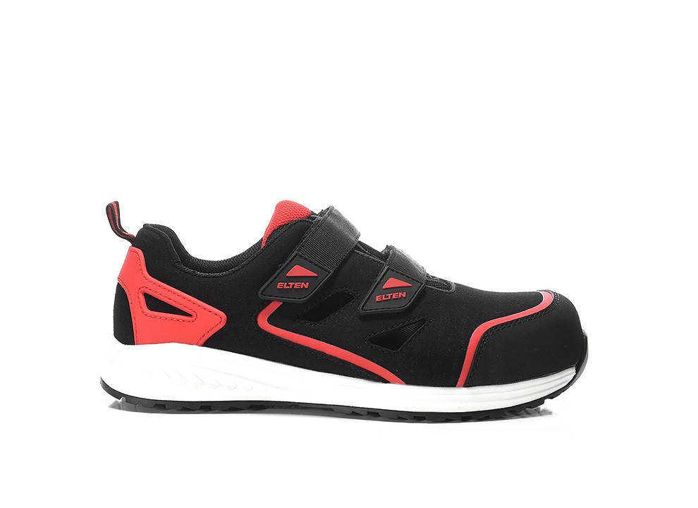 Schwarzer und roter Sicherheitsschuh mit einem Klettverschluss, Seitenansicht.