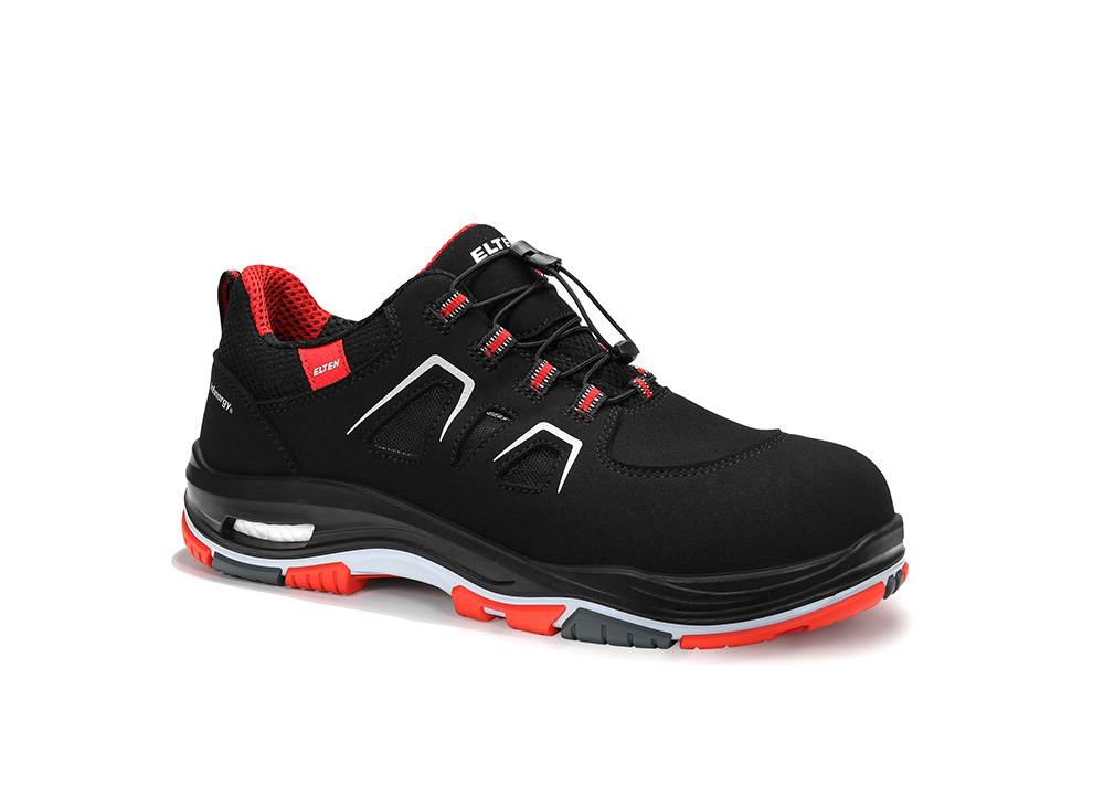 Ein schwarzer Sicherheitsschuh mit roten und weißen Akzenten, ausgestattet mit einer robusten Sohle, Schnürverschluss und verstärkter Zehenpartie.
