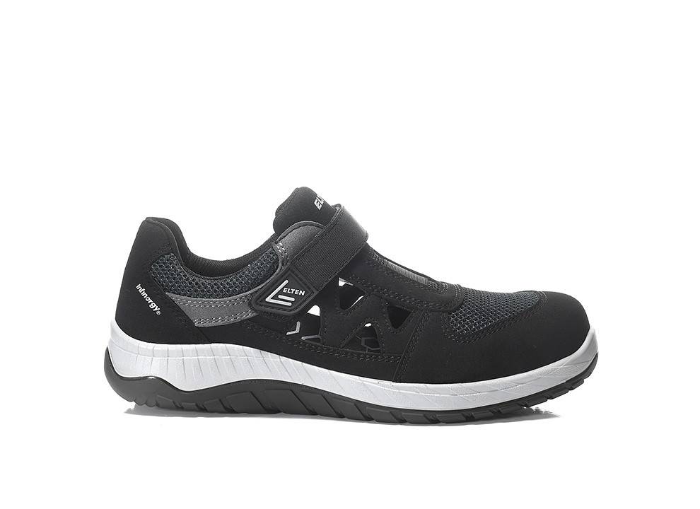 Ein schwarzer und grauer Sportschuh mit weißer Sohle, ausgestattet mit Mesh-Einsätzen und einem Klettverschluss zum Schließen.