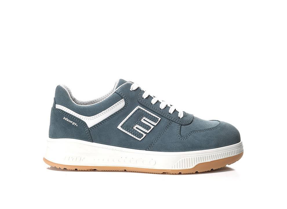 Petrolblauer Sneaker mit weißen Schnürsenkeln und Sohle, mit Markenname an der Seite, vor einem weißen Hintergrund.