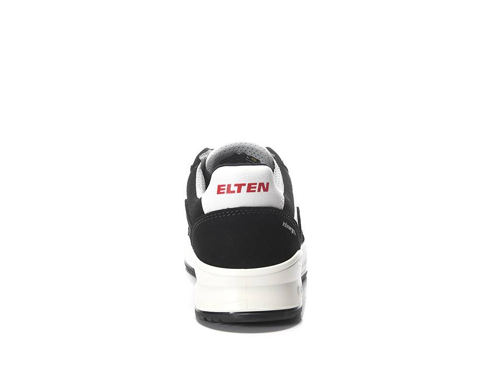 Ein schwarzweißer Sneaker mit dem Markennamen 'ELTEN' auf der Ferse, von hinten betrachtet.