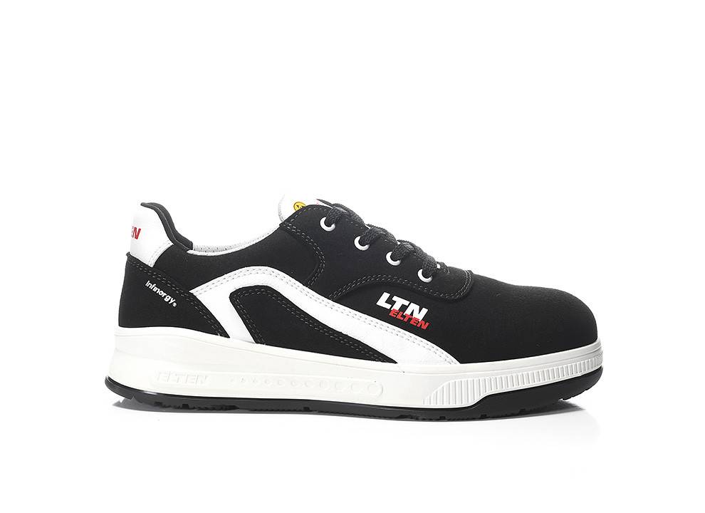 Ein schwarzer und weißer Sneaker mit 'LTN' Branding, gekennzeichnet durch einen niedrigen Schnitt und eine flache Sohle für lässige Outfits.