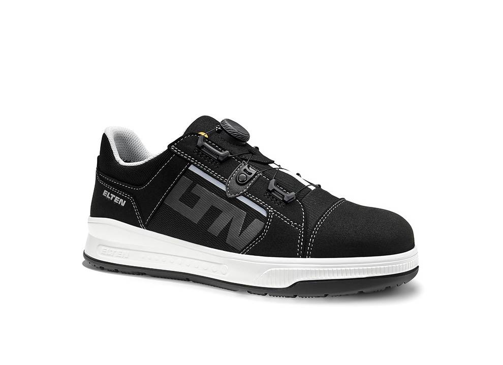 Schwarzer und weißer Sneaker mit 'GTX'-Schriftzug an der Seite, ausgestattet mit einer robusten Sohle und einem sicheren Befestigungssystem, geeignet für lässige Anlässe.