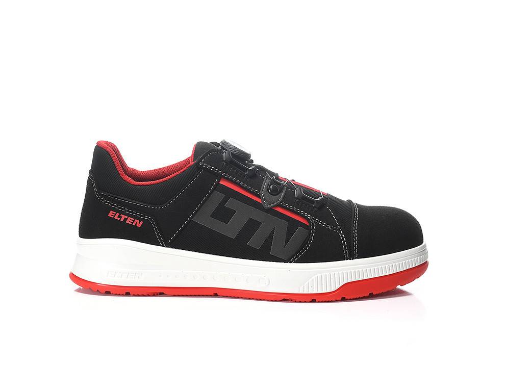 Schwarzer und roter Sportschuh mit weißer Sohle, mit einem schwarzen Logo an der Seite. Markenname 'ELTEN' in Rot auf der Ferse sichtbar.