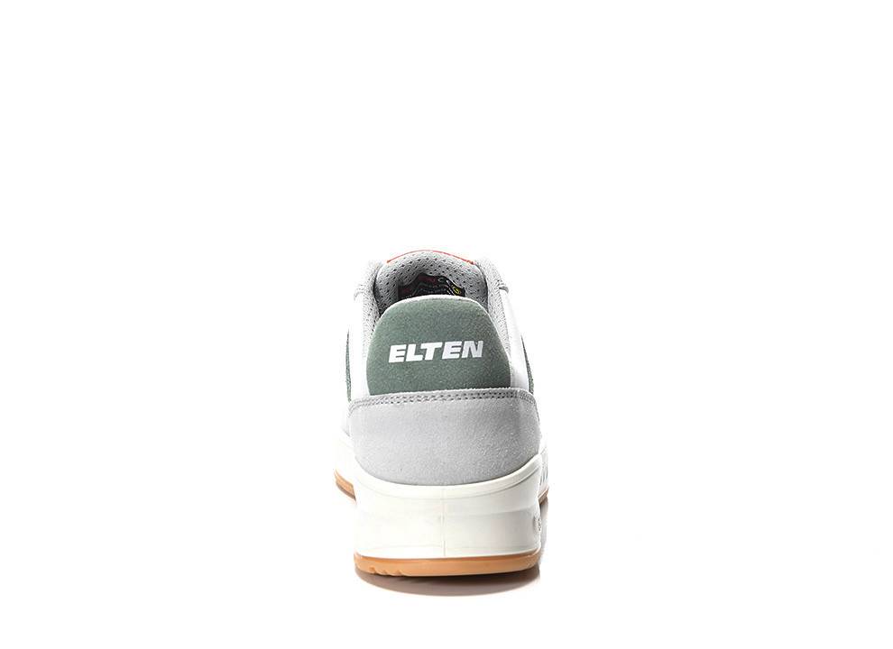 Ein grau-grüner Sneaker, von hinten betrachtet, mit einer weißen Sohle und dem Markennamen 'ELTEN', der auf der Ferse gedruckt ist.