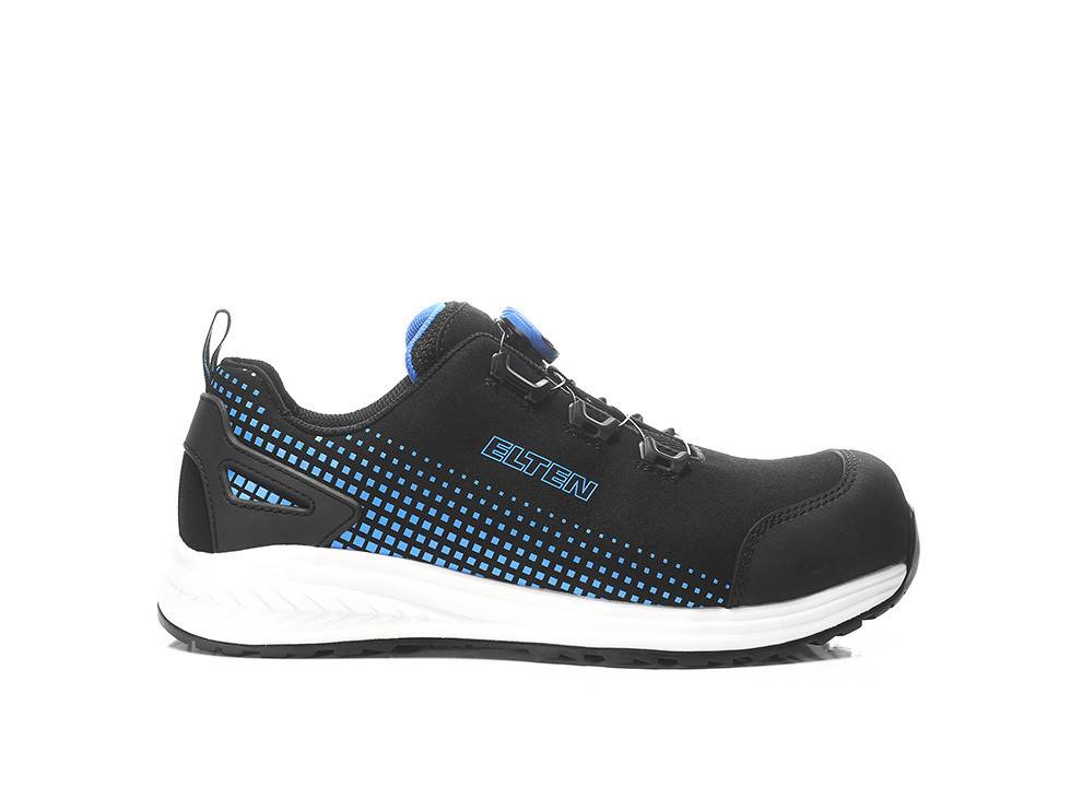 Ein schwarz-weißer Sneaker mit blauen Akzenten und einem Gitternetzmusters an der Seite, mit dem Markennamen 'ELTEN' in blauer Schrift.