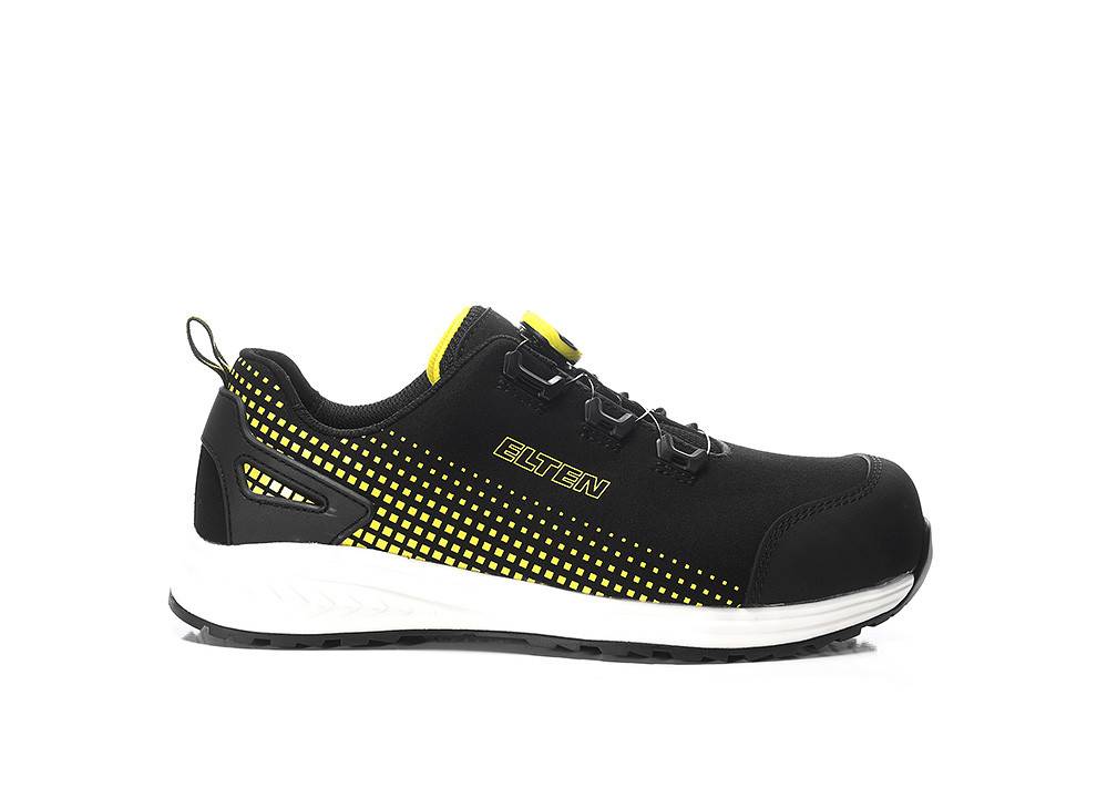 Ein schwarzer und gelber Sneaker mit weißer Sohle, mit einer leichten Konstruktion und atmungsaktivem Material für einen bequemen Tragekomfort.