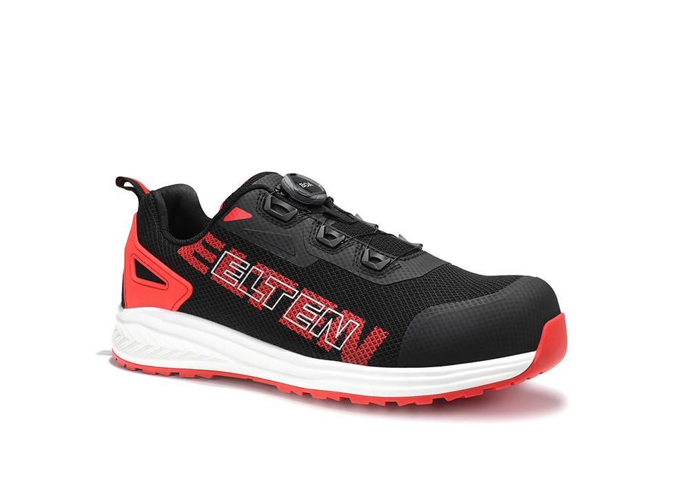 Ein schwarzer und roter Sportschuh mit Netzstruktur, weißer Sohle und 'Elten' Logo an der Seite. Geeignet für Sport und Freizeitaktivitäten.
