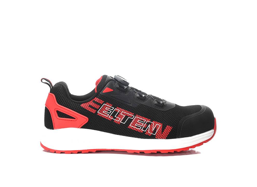Ein schwarzer und roter Sportschuh mit dem Markennamen 'ELTEN' an der Seite, ausgestattet mit einem atmungsaktiven Meshdesign und einer robusten Gummisohle.