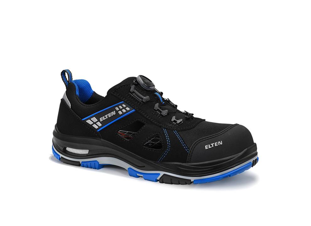 Schwarzer und blauer Sportschuh mit Zuglasche am Fersenbereich, markiert mit 'ELTEN'. Ausgestattet mit einer strapazierfähigen Sohle und einem sicheren Befestigungssystem.