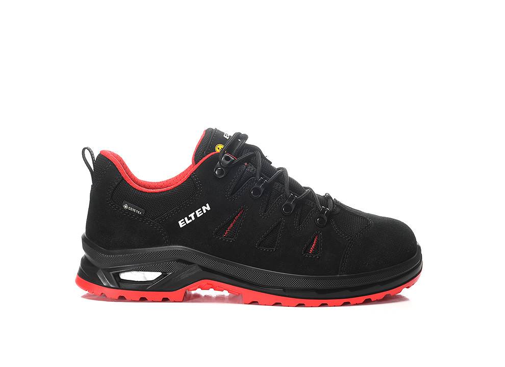 Ein schwarzer und roter athletischer Schuh mit dem Markennamen 'ELTEN' an der Seite. Der Schuh verfügt über eine robuste Sohle und eine Schnürsenkelbefestigung.