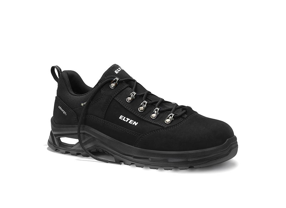 Ein schwarzer Sicherheitsschuh mit robuster Sohle und Metalldurchgängen. Der Schuh ist mit der Marke 'Elten' gekennzeichnet.