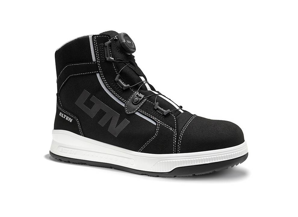 Ein schwarzer und weißer Sicherheitsstiefel mit hohem Schaft, verstärkter Zehenpartie und verstellbaren Schnürsenkeln, entwickelt für anspruchsvolle Arbeitsumgebungen.