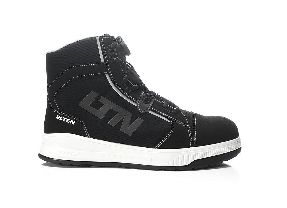Ein schwarzer und weißer High-Top-Sportschuh mit einer weißen Sohle, der die Buchstaben 'LTN' an der Seite und 'ELTEN' nahe der Ferse trägt.
