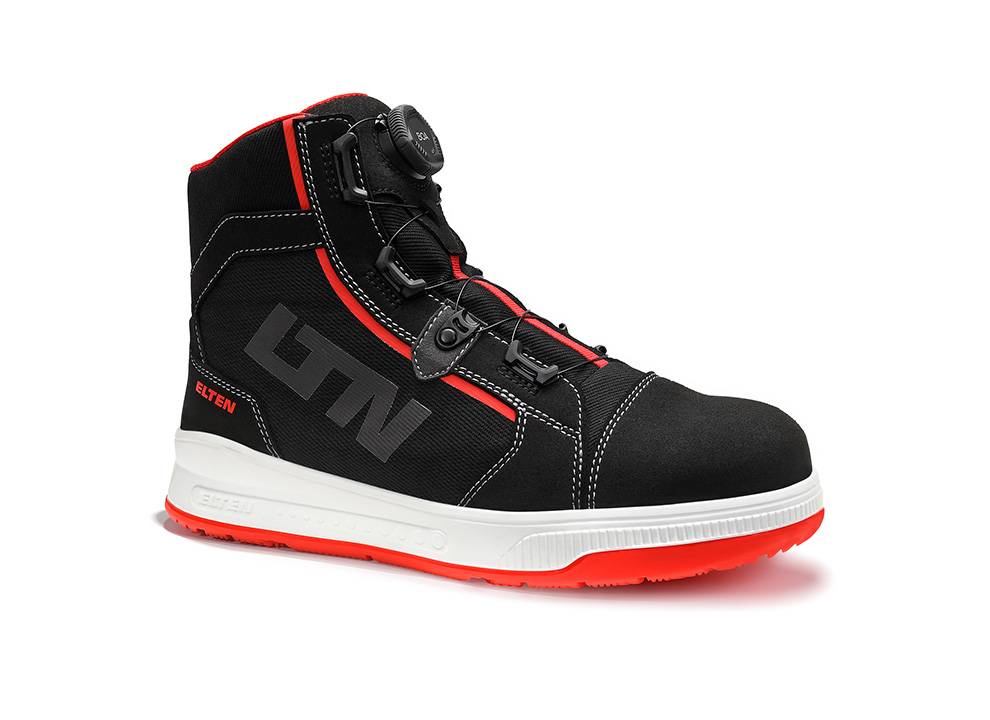 Ein schwarzer und roter High-Top-Sneaker mit Logo und gepolsterter Sohlengestaltung, der einen modernen Sportstil verkörpert.