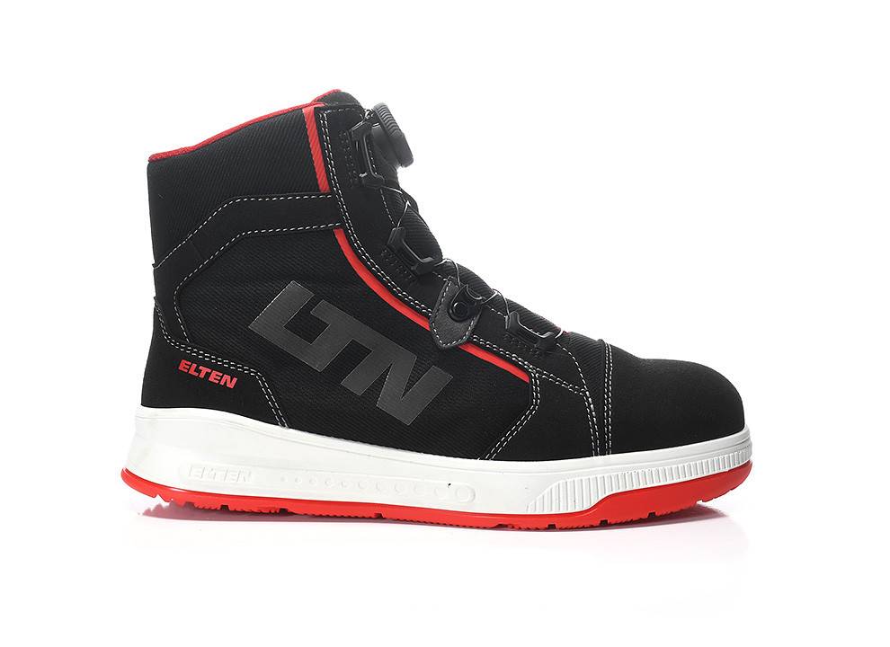 Ein schwarzer und roter High-Top-Sneaker mit weißer Sohle, ausgestattet mit schwarzen Schnürsenkeln und dem Wort ‚ELTEN' in Rot an der Seite und am Absatz.