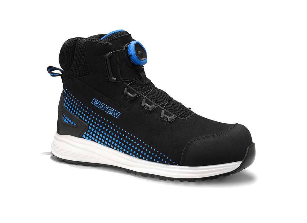 Ein schwarz-blauer High-Top-Sneaker mit modernem Design, ausgestattet mit einer weißen Sohle und Schnürverschluss, geeignet für sportliche Aktivitäten.