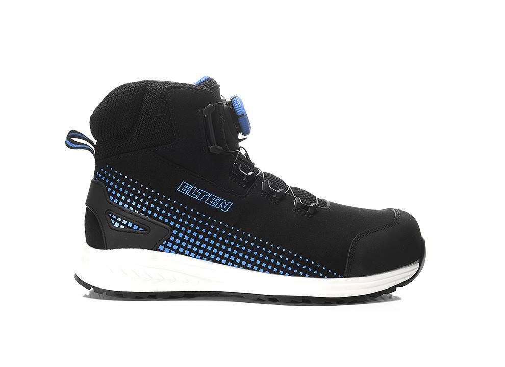 Schwarzer und blauer High-Top-Sneaker mit weißer Sohle, auf dessen Seite der Markenname 'Elten' in blauer Farbe angebracht ist.