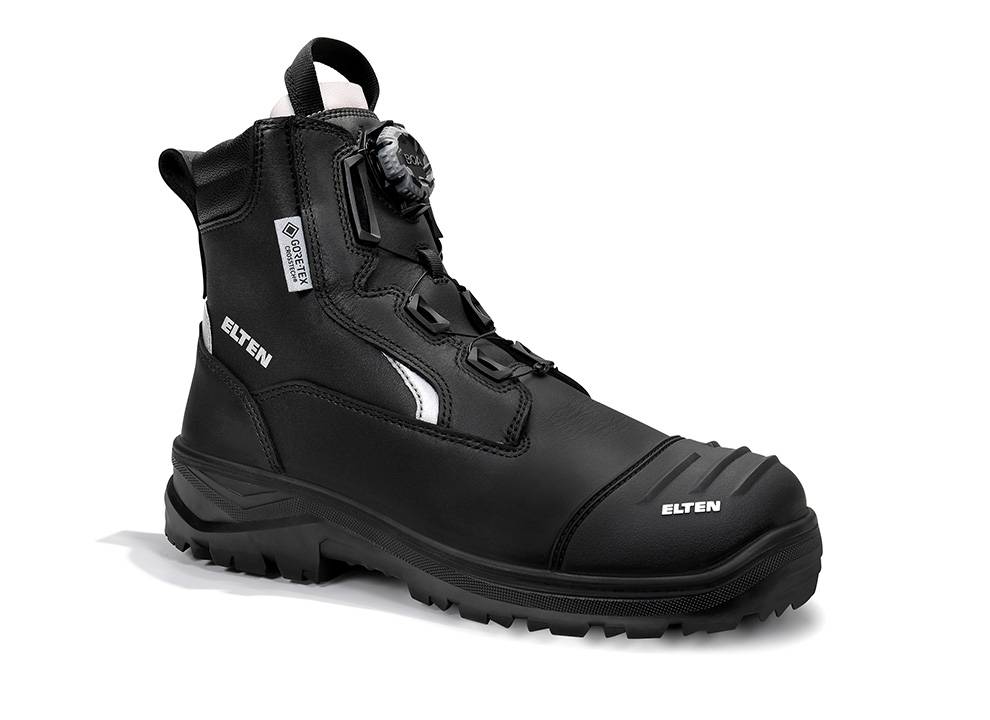Ein schwarzer, robuster Sicherheitsschuh mit rutschfester Sohle und sicheren Befestigungen, mit der Markenbezeichnung 'ELTEN', der ein robustes Design für Arbeitsschuhe präsentiert.