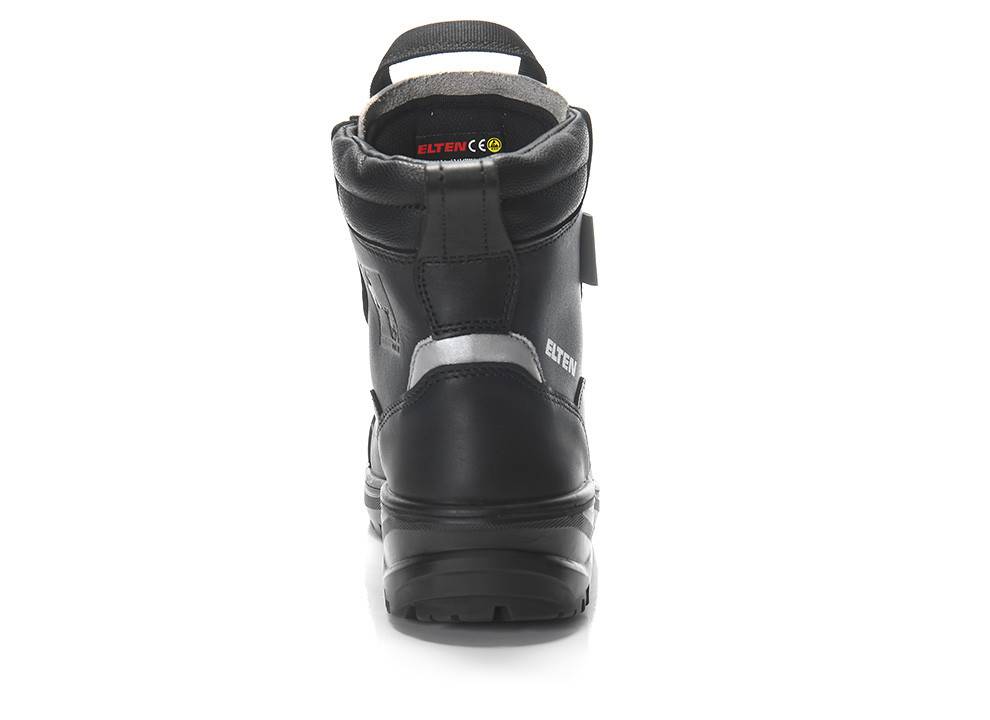 Ein schwarzer Sicherheitsschuh mit reflektierenden Streifen und dem Markennamen 'Elten', der sichtbar auf der Rückseite angebracht ist, konzipiert für den Schutz in Arbeitsumgebungen.