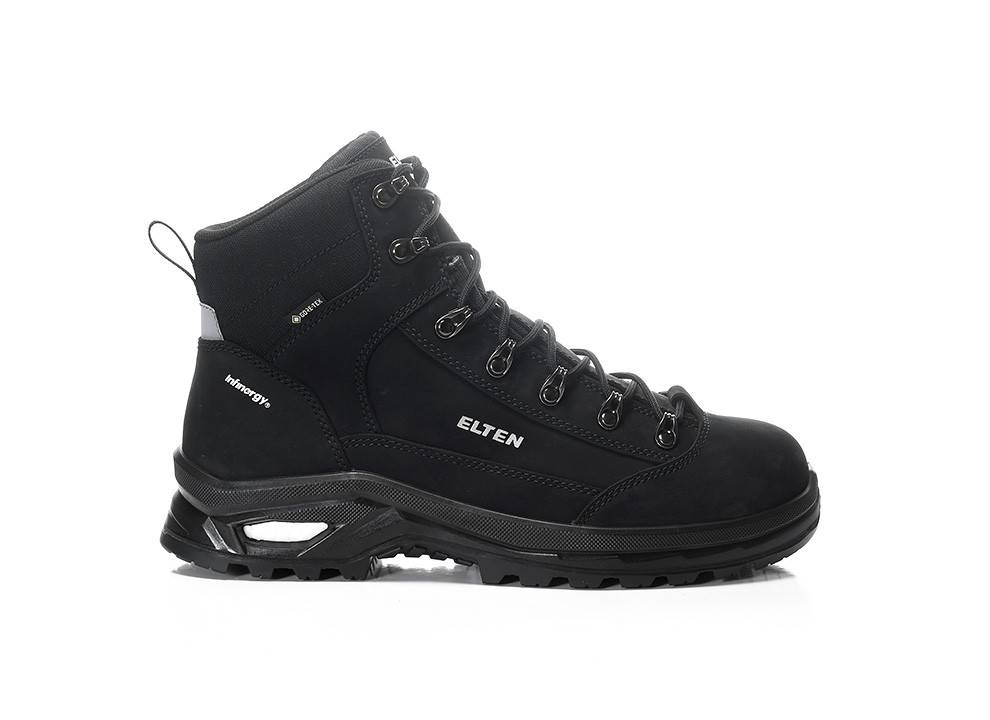 Ein schwarzer Wanderschuh mit einer robusten Sohle und Knöchelunterstützung, ausgestattet mit Metalllöchern und Markenbeschriftung, entwickelt für den Einsatz im Freien.