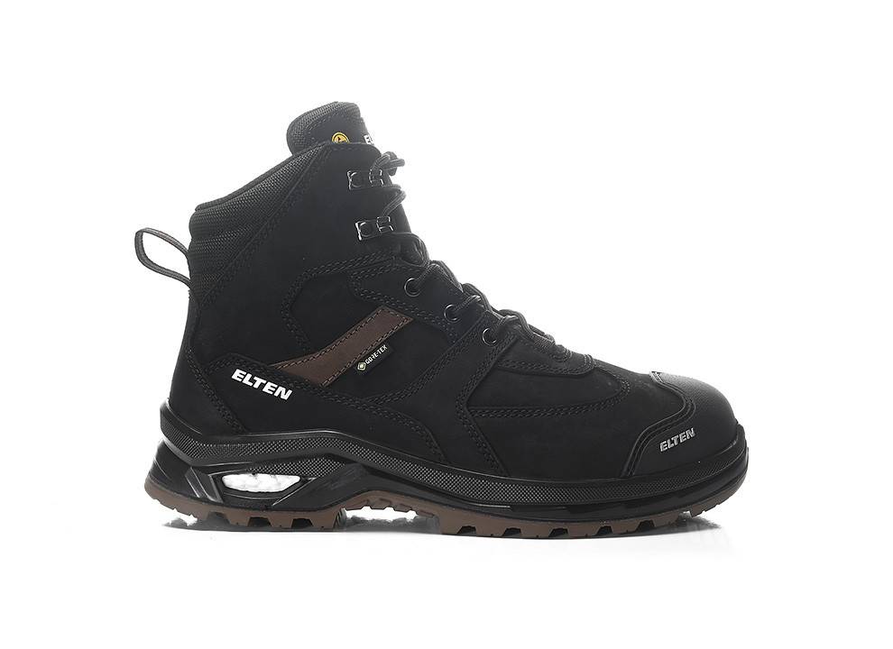 Schwarzer Wanderschuh mit braunen Akzenten und robusten Sohlen, mit der Aufschrift 'ELTEN'. Geeignet für Outdoor-Aktivitäten und raues Gelände.