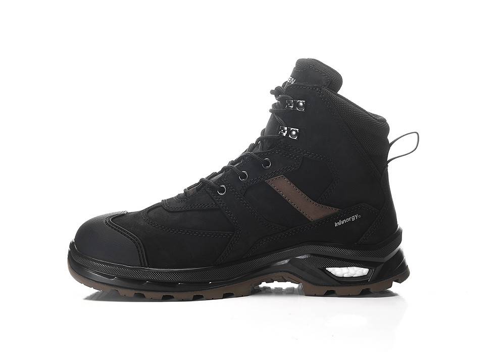 Schwarzer Wanderschuh mit braunem Akzent und robustem Profil, entwickelt für Outdoor-Aktivitäten, mit Schnürverschluss und Knöchelunterstützung.