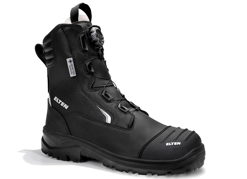 Schwarzer Elten Sicherheitsschuh mit Schnür- und Reißverschlussverschluss, gefertigt aus strapazierfähigem Material und mit robuster Sohle für Arbeitsumgebungen.