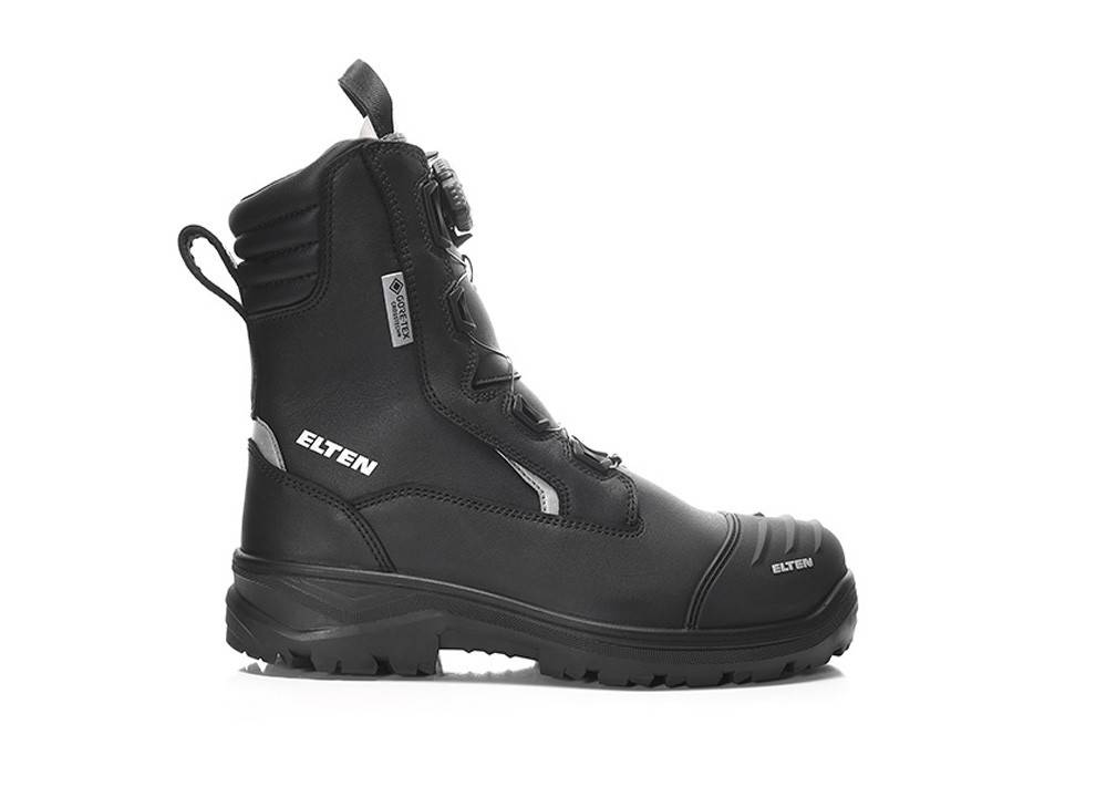 Ein schwarzer Schutzarbeitsschuh mit Reißverschluss an der Seite und robuster Sohle, versehen mit dem Logo 'ELTEN GORE-TEX', entwickelt für Sicherheit und Langlebigkeit.