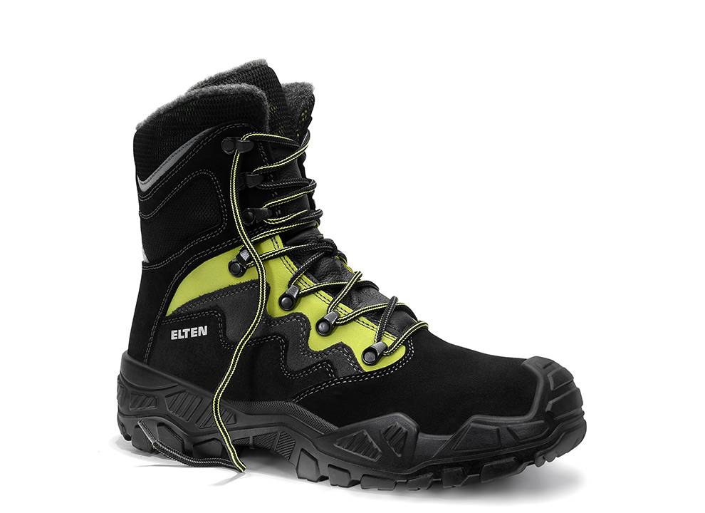 Schwarzer und grüner High-Top-Wanderschuh mit robuster Sohle und gelben Schnürsenkeln, geeignet für anspruchsvolle Outdoor-Aktivitäten oder Arbeitsumgebungen.