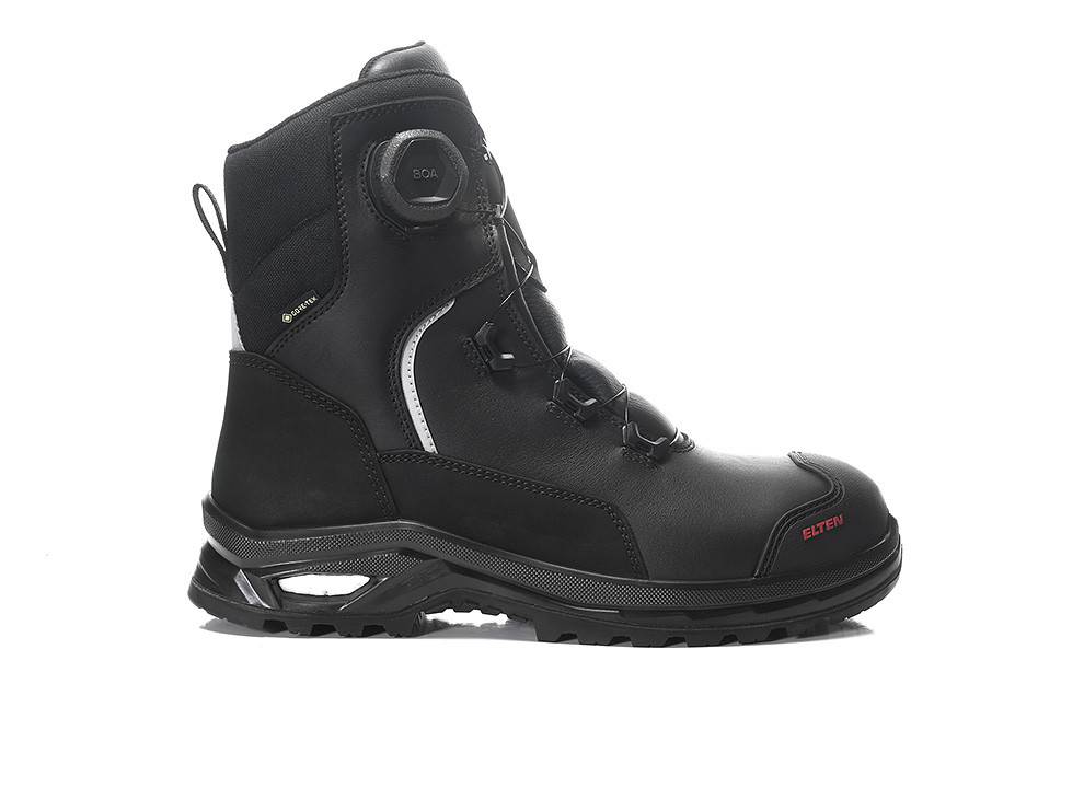 Schwarzer Wanderschuh mit hohem Schaft, Schnürverschluss und robuster Sohle, konzipiert für Outdoor-Aktivitäten. Die Markenetikette 'ELTEN' ist sichtbar.