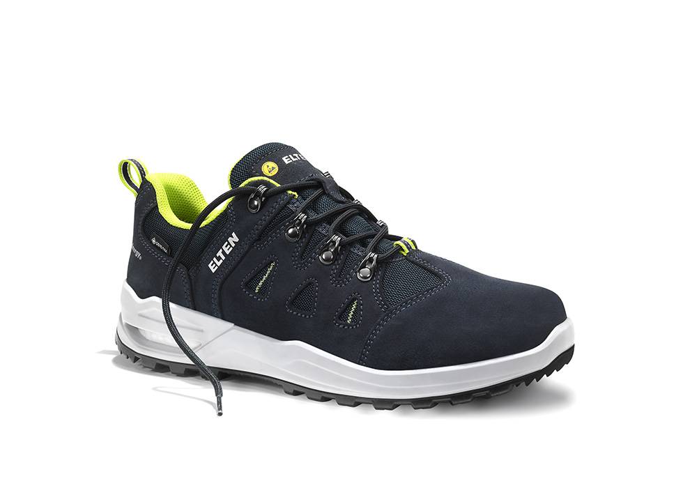 Ein einzelner schwarzer und gelber Sportschuh mit weißer Sohle auf hellem Hintergrund, ausgestattet mit Schnürsenkeln und dem Markennamen 'Elten' an der Seite.