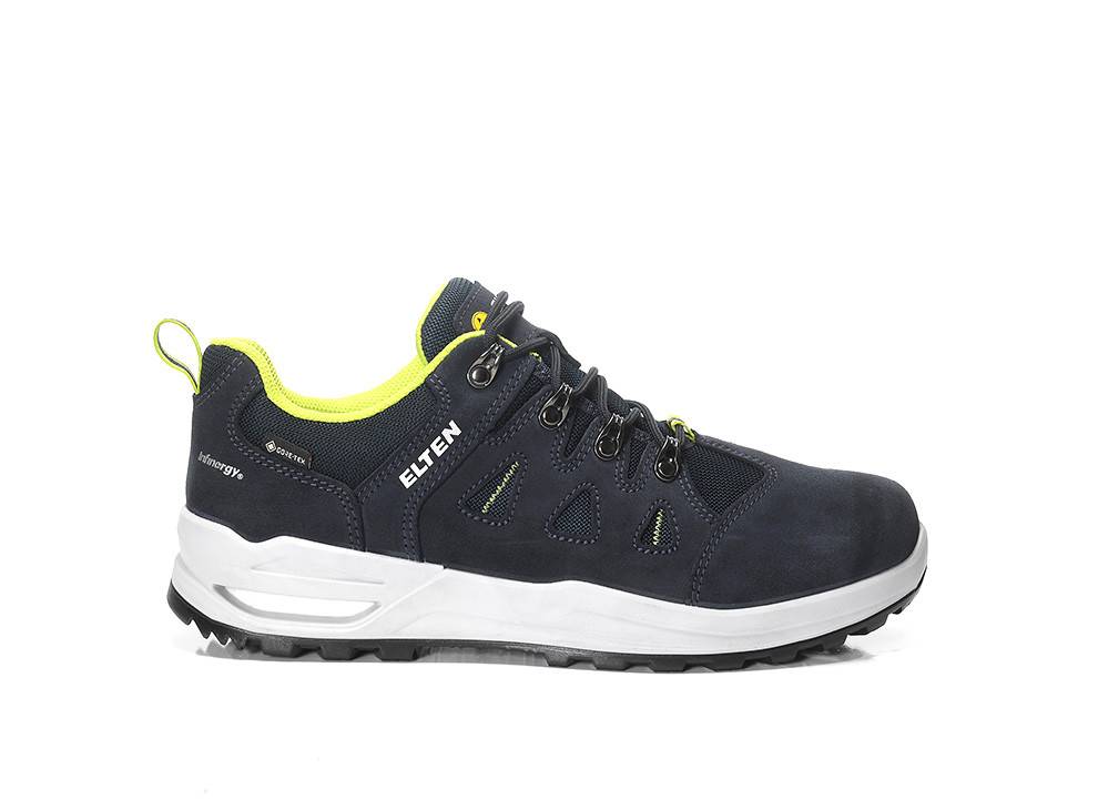 Marineblauer und neongrüner Wanderschuh mit 'ELTEN' Branding, atmungsaktivem Mesh und rutschfester Sohle, konzipiert für Outdoor-Aktivitäten.